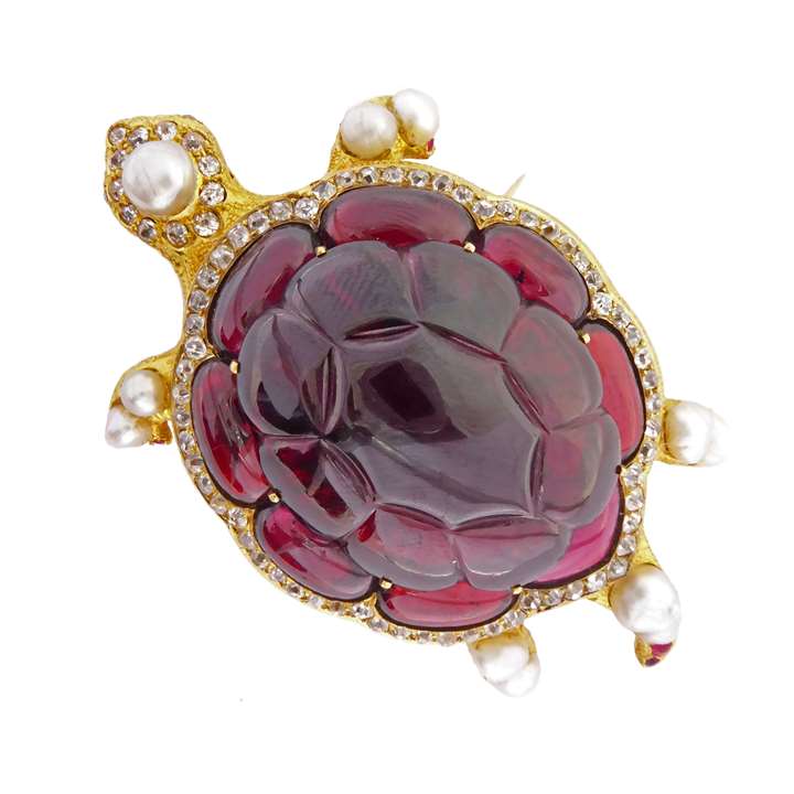 Mid-19th century carved cabochon garnet, pearl and gem set turtle brooch